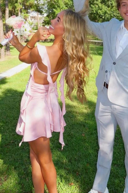 Ruffled Backless Satin A-Line Mini Dress