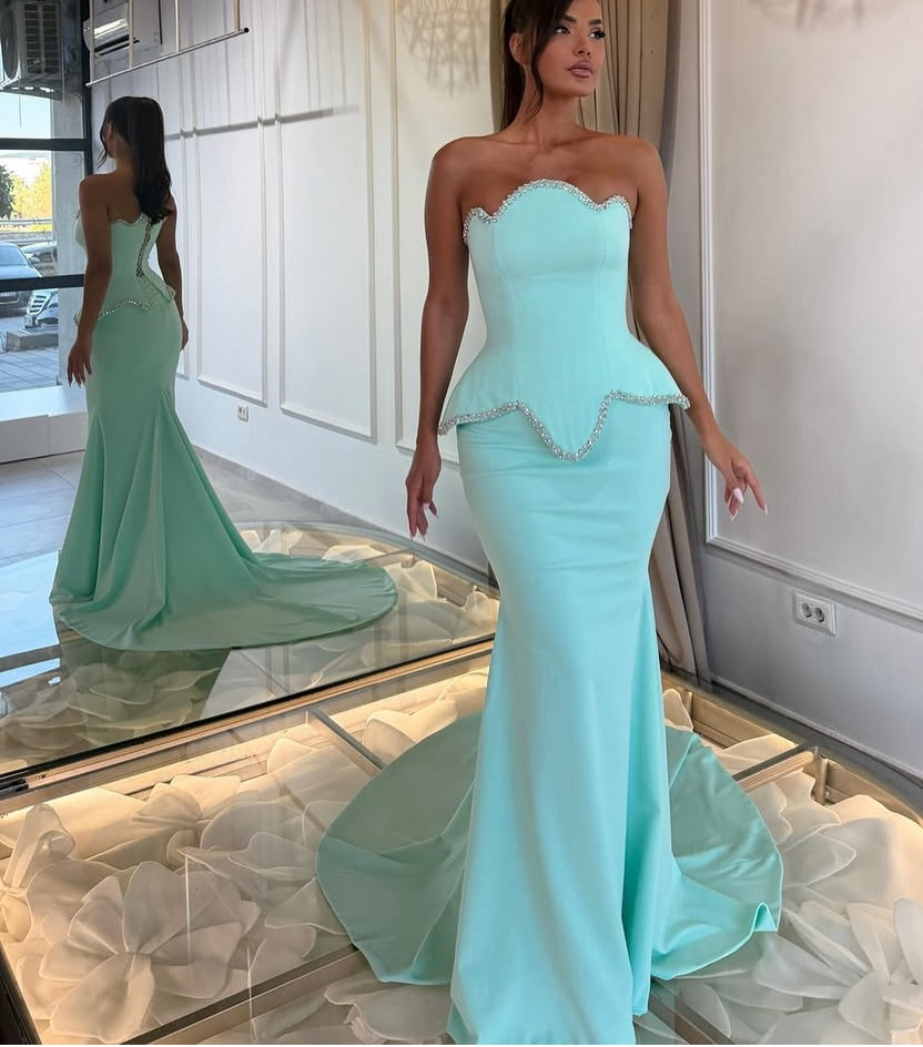 Strapless Scalloped Peplum Mermaid Evening Gown