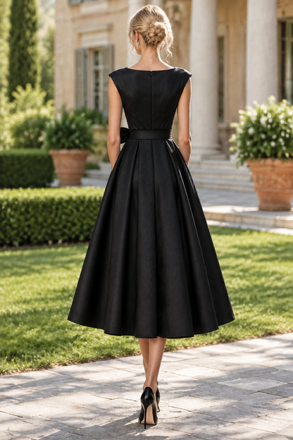 Bateau Neck Midi A-Line Dress with Waist Bow