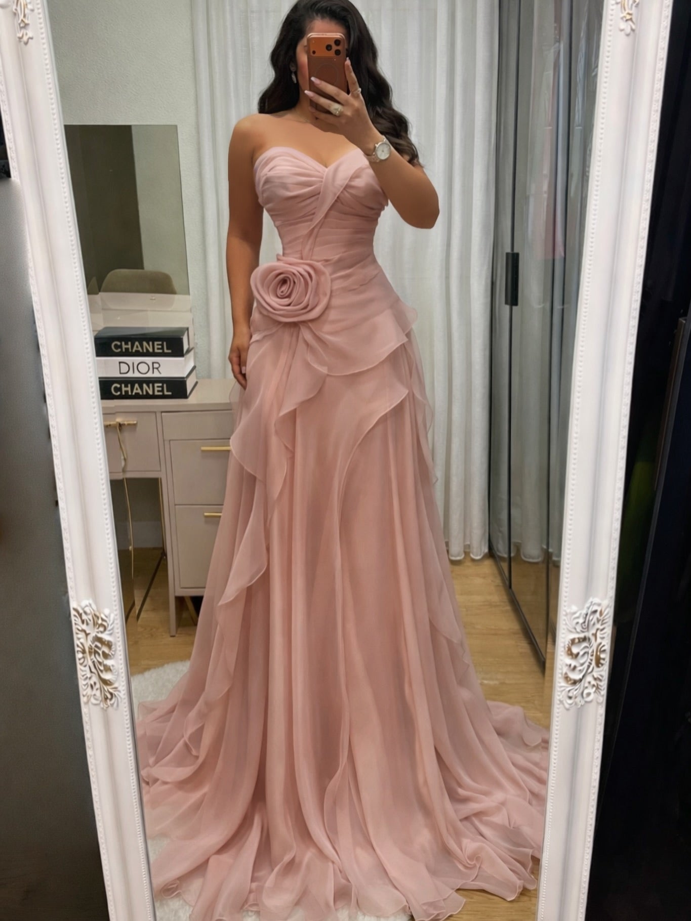 Strapless Sweetheart Ruffled Gown with 3D Flower