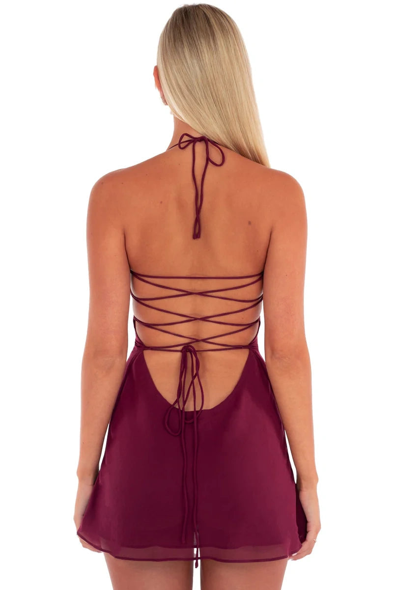 Two-Tone Halter Mini Dress with Lace-Up Back