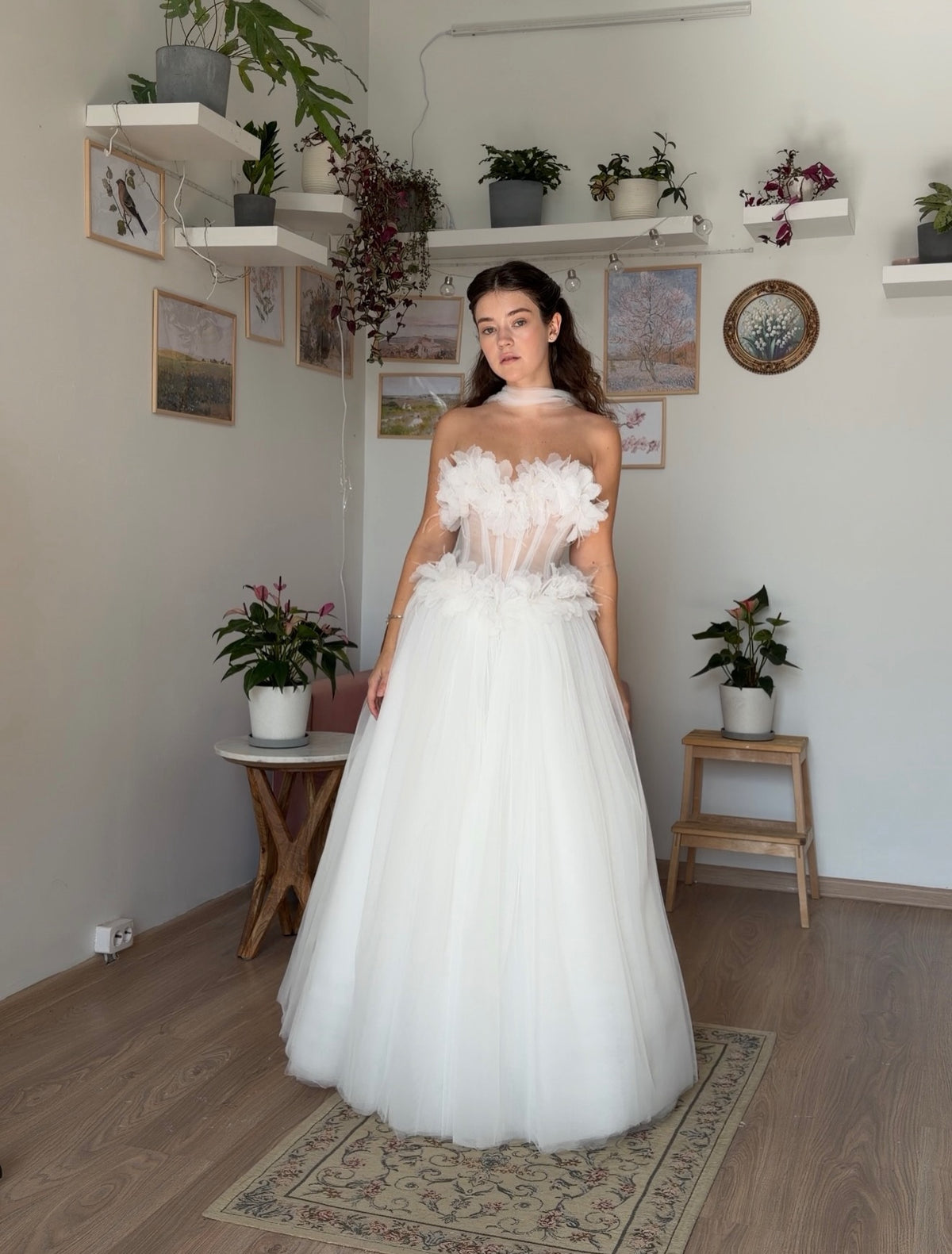3D Floral Corset Tulle Ball Gown Wedding Dress