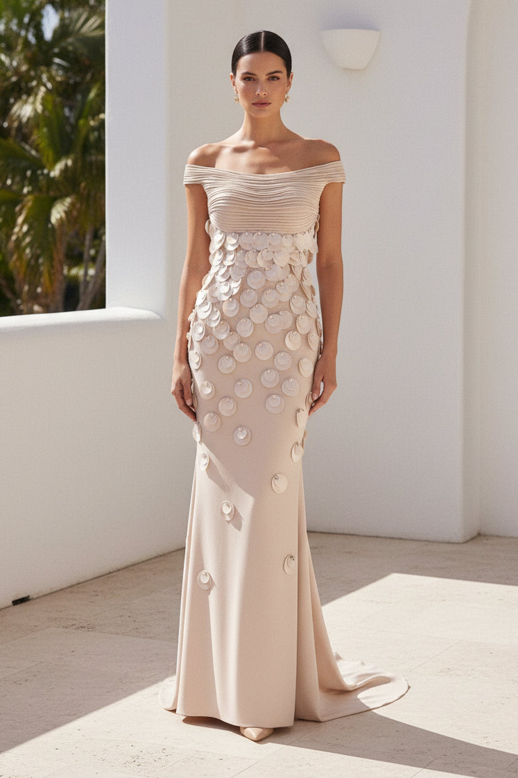 Off-the-Shoulder Pleated Column Gown with Train