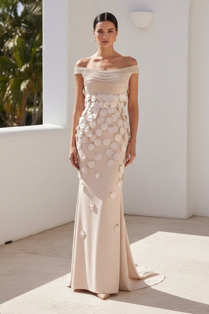 Off-the-Shoulder Pleated Column Gown with Train