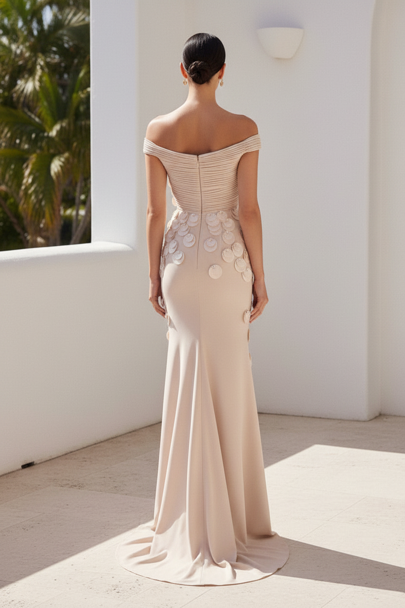 Off-the-Shoulder Pleated Column Gown with Train