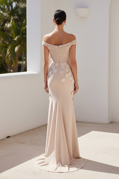 Off-the-Shoulder Pleated Column Gown with Train