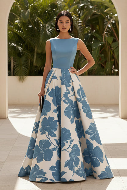 Sleeveless Floral Print A-Line Evening Gown