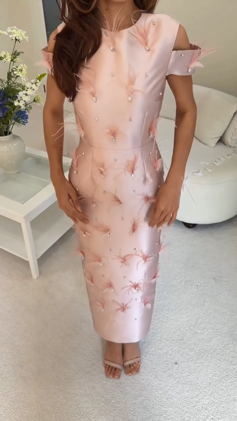 Feather Embellished Cold Shoulder Column Dress