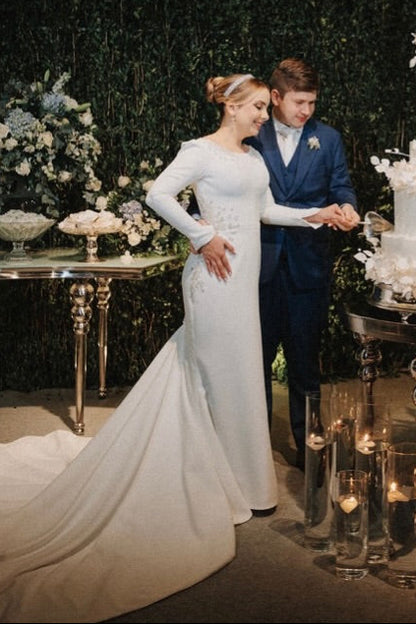Long Sleeve Crepe Mermaid Wedding Dress with Train