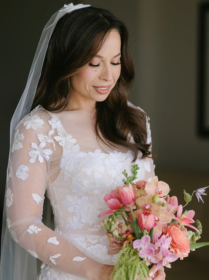 Illusion Long Sleeve 3D Floral Wedding Dress
