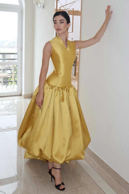 Sleeveless High-Neck Drop-Waist Bubble Skirt Gown