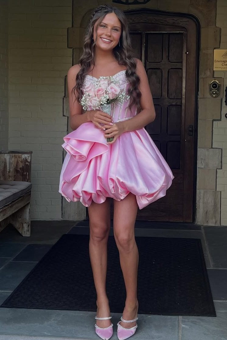Strapless Sweetheart Pearl Corset Bubble Mini Dress
