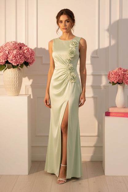 Satin Ruched Evening Gown with 3D Flowers