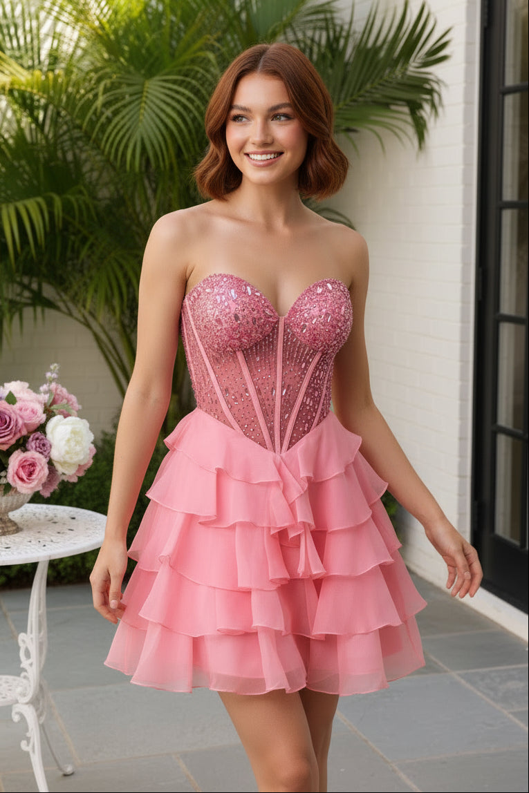Strapless Beaded Corset Tiered Ruffle Mini Dress