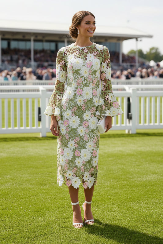 Floral Lace Bell Sleeve Midi Dress