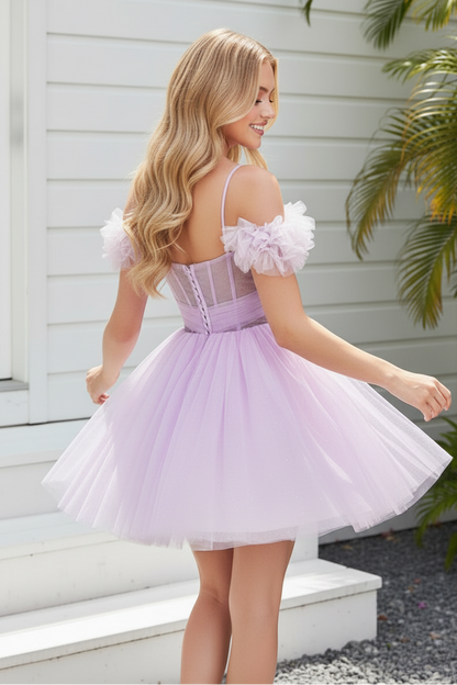 Off-the-Shoulder Glitter Tulle Mini Dress