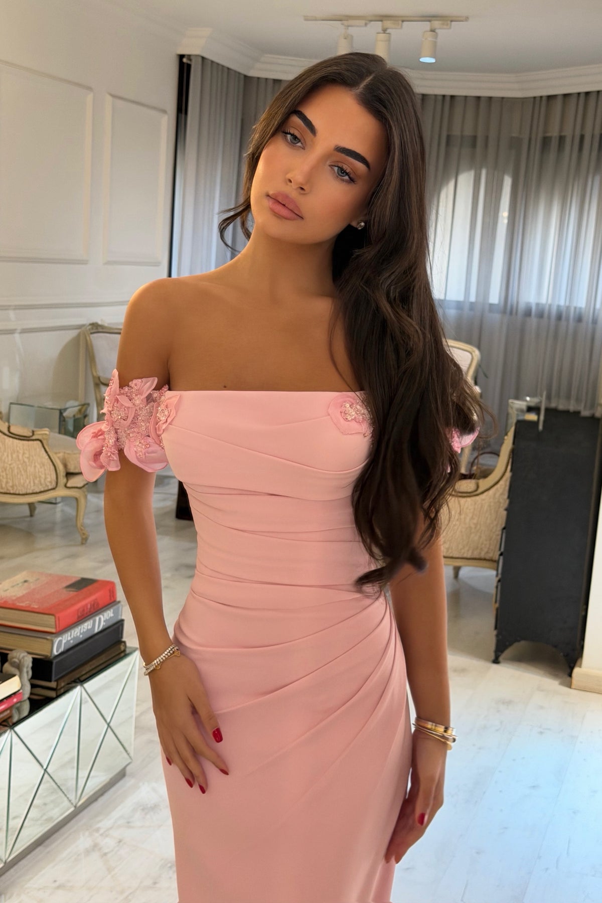 Off-the-Shoulder Floral Applique Ruched Dress