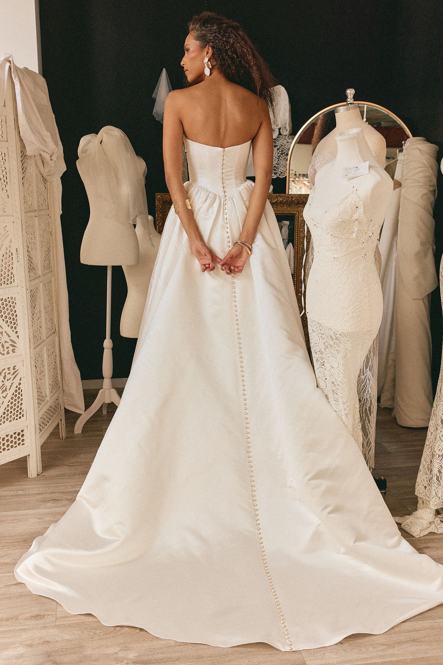Strapless Satin A-Line Wedding Dress with Button Back