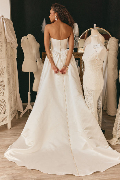 Strapless Satin A-Line Wedding Dress with Button Back