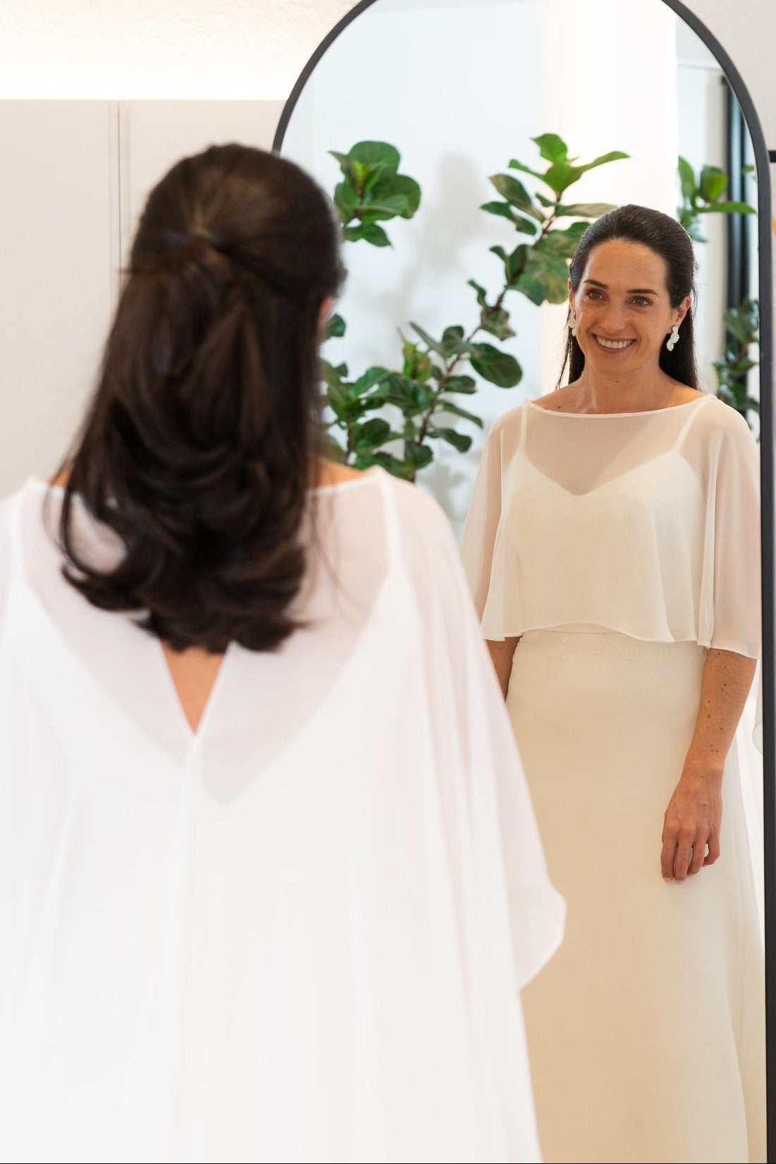 Minimalist Crepe Wedding Dress with Sheer Chiffon Cape