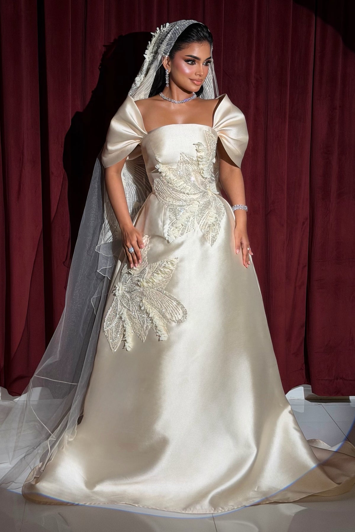 Embellished Puff Sleeve A-Line Gown