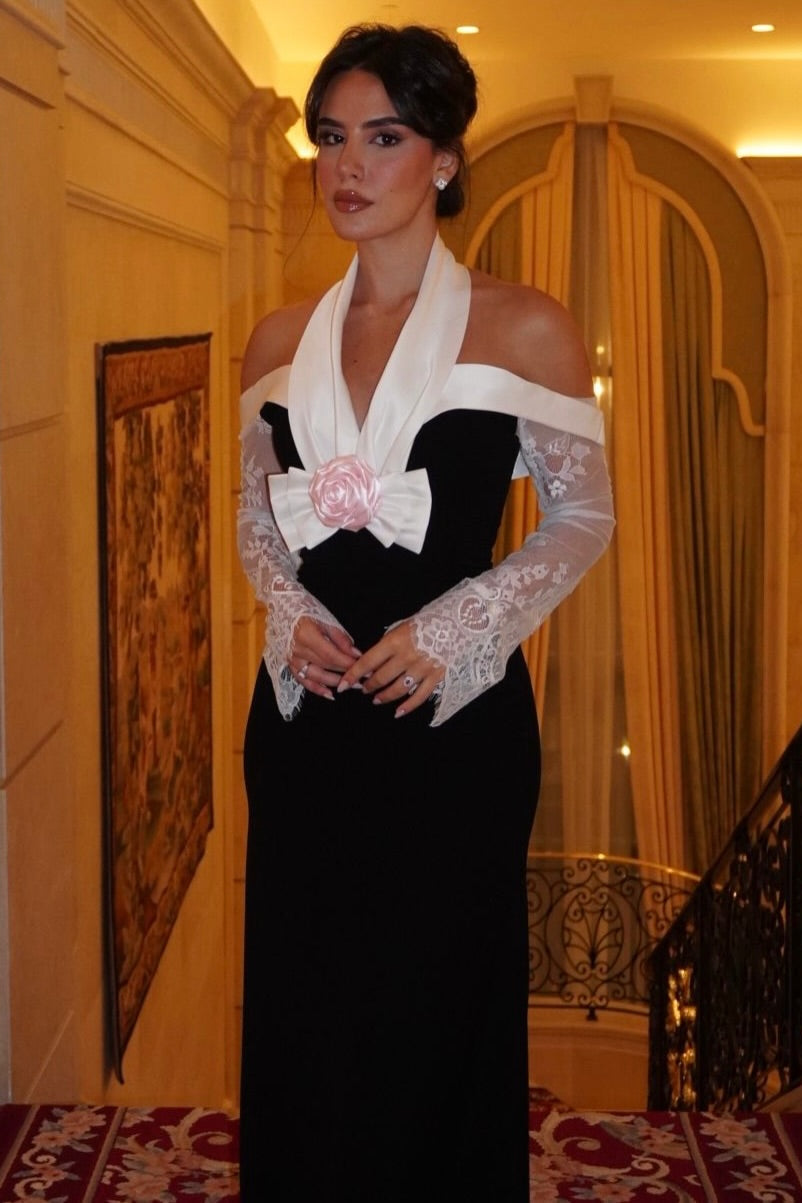 Halter Neck Sheath Gown with Lace Sleeves