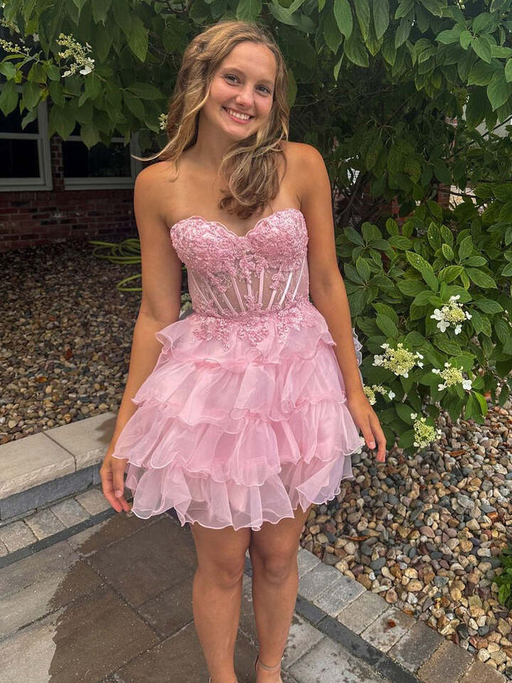 Tiered Ruffle Corset Mini Dress with Lace Bodice