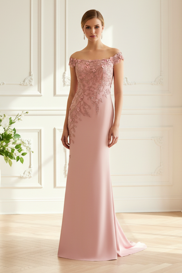Off-the-Shoulder Appliqued Sheath Gown
