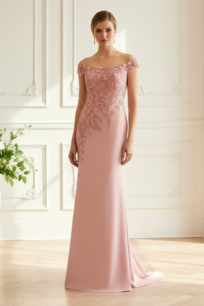 Off-the-Shoulder Appliqued Sheath Gown