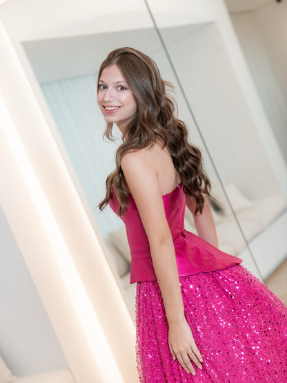 Strapless Peplum Ball Gown with Sequin Skirt