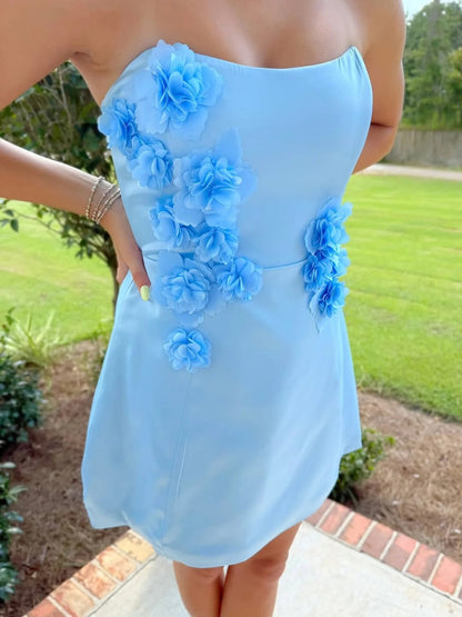 Strapless 3D Floral Applique Mini Dress
