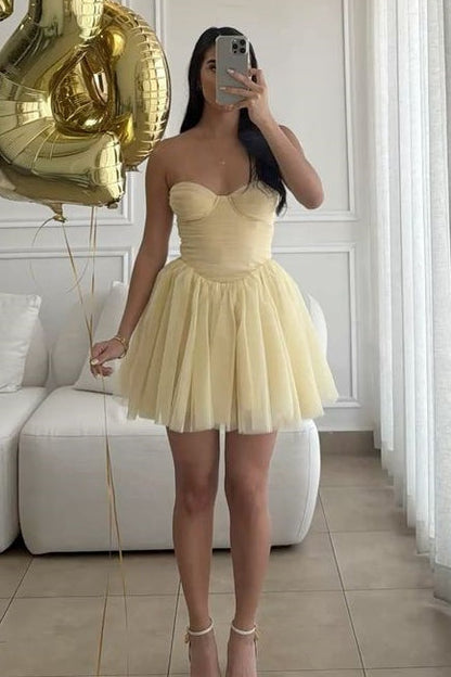 Strapless Sweetheart Ruched Tulle Mini Dress