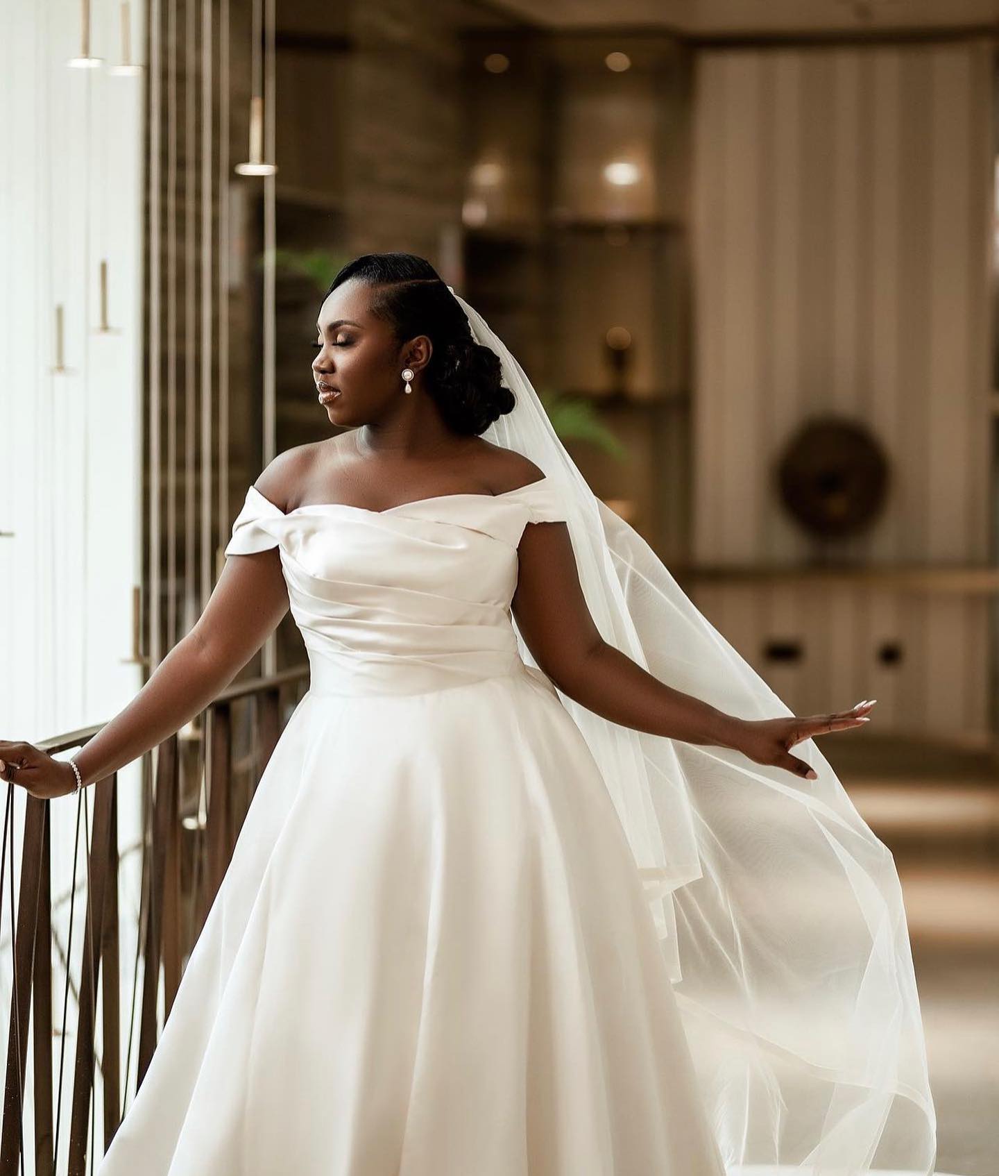 Off-the-Shoulder Pleated Satin Ball Gown Wedding Dress