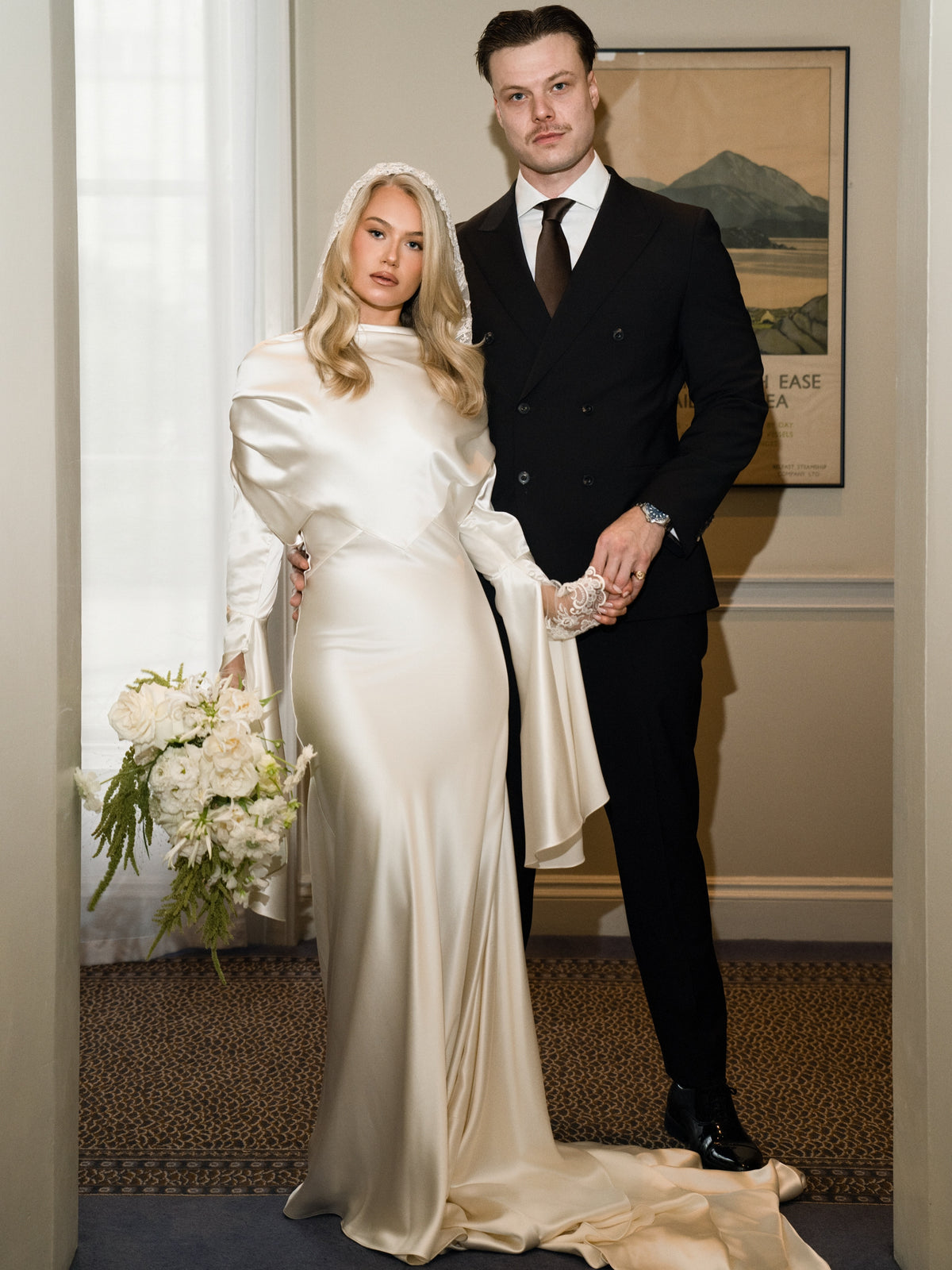 Satin Sheath Wedding Dress with Draped Sleeves