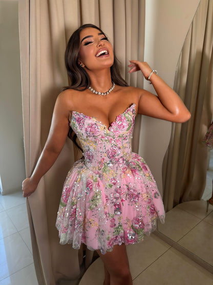 Strapless Floral Applique Corset Mini Dress