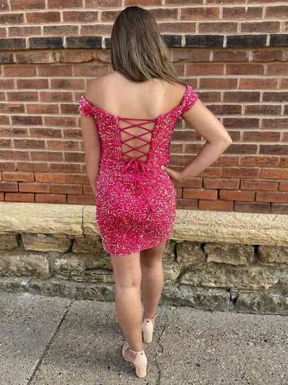 Off-the-Shoulder Sequin Mini Dress with Lace-Up Back