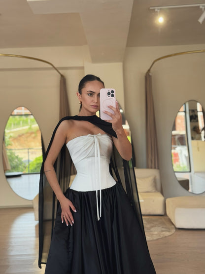 Strapless Corset Ball Gown with Puff Sleeve Jacket