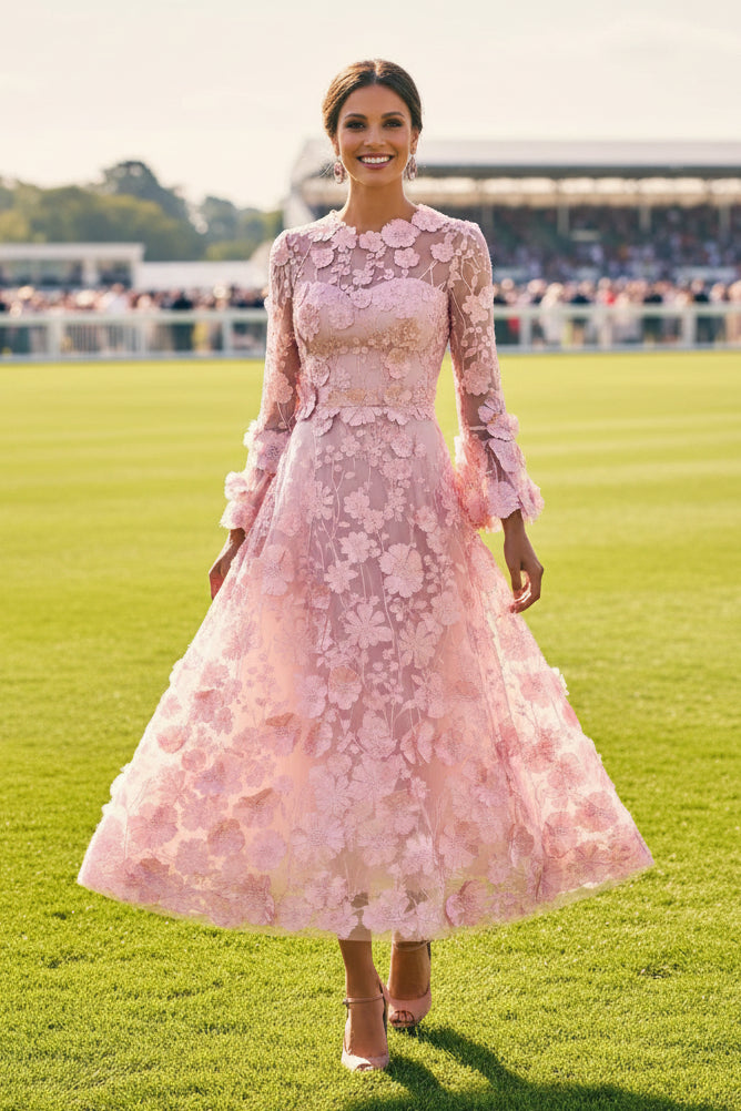 Floral Lace Long Sleeve Tea-Length Dress