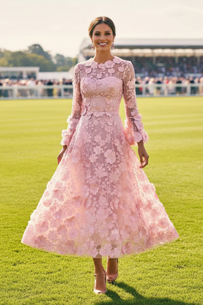 Floral Lace Long Sleeve Tea-Length Dress