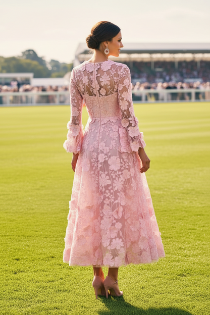 Floral Lace Long Sleeve Tea-Length Dress