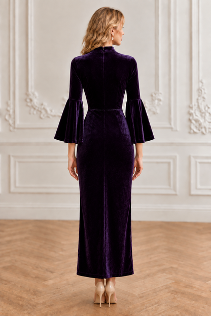 High-Neck Velvet Midi Dress with Bell Sleeves