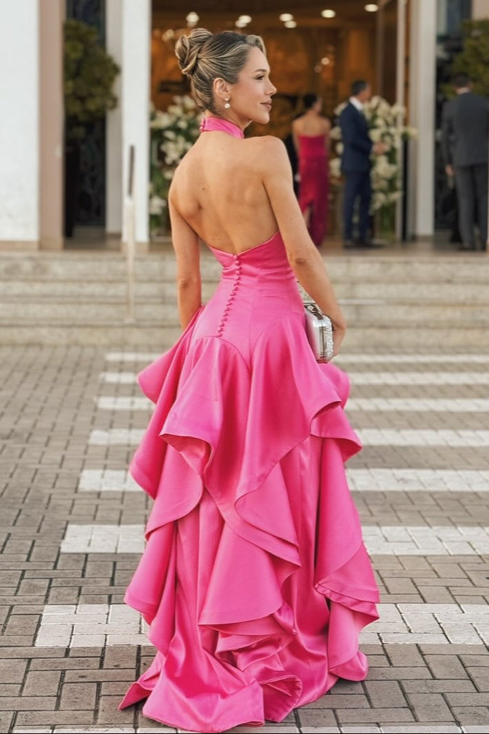 Halter High-Neck Tiered Ruffle Evening Gown