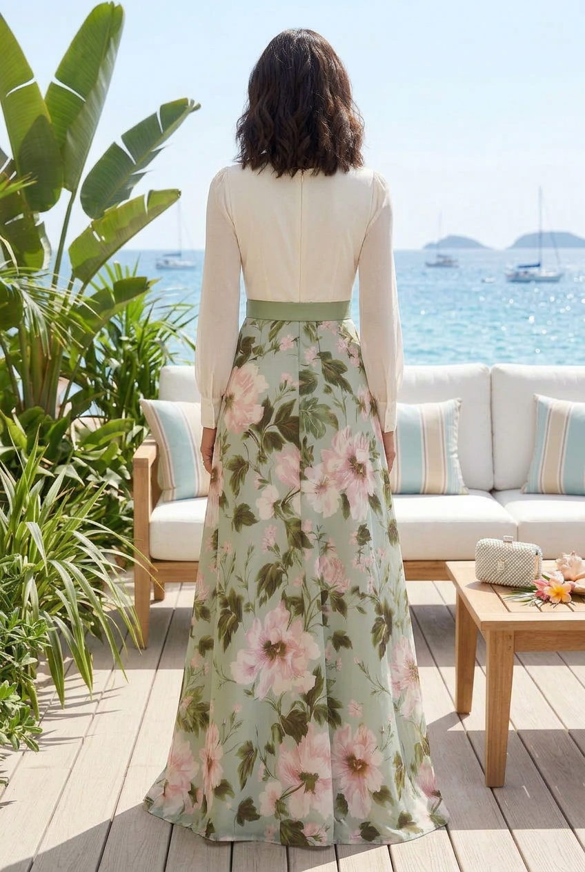Floral A-Line Gown with Long Chiffon Sleeves