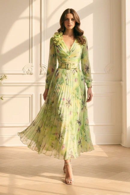 Floral Chiffon Wrap Midi Dress with Fascinator Hat