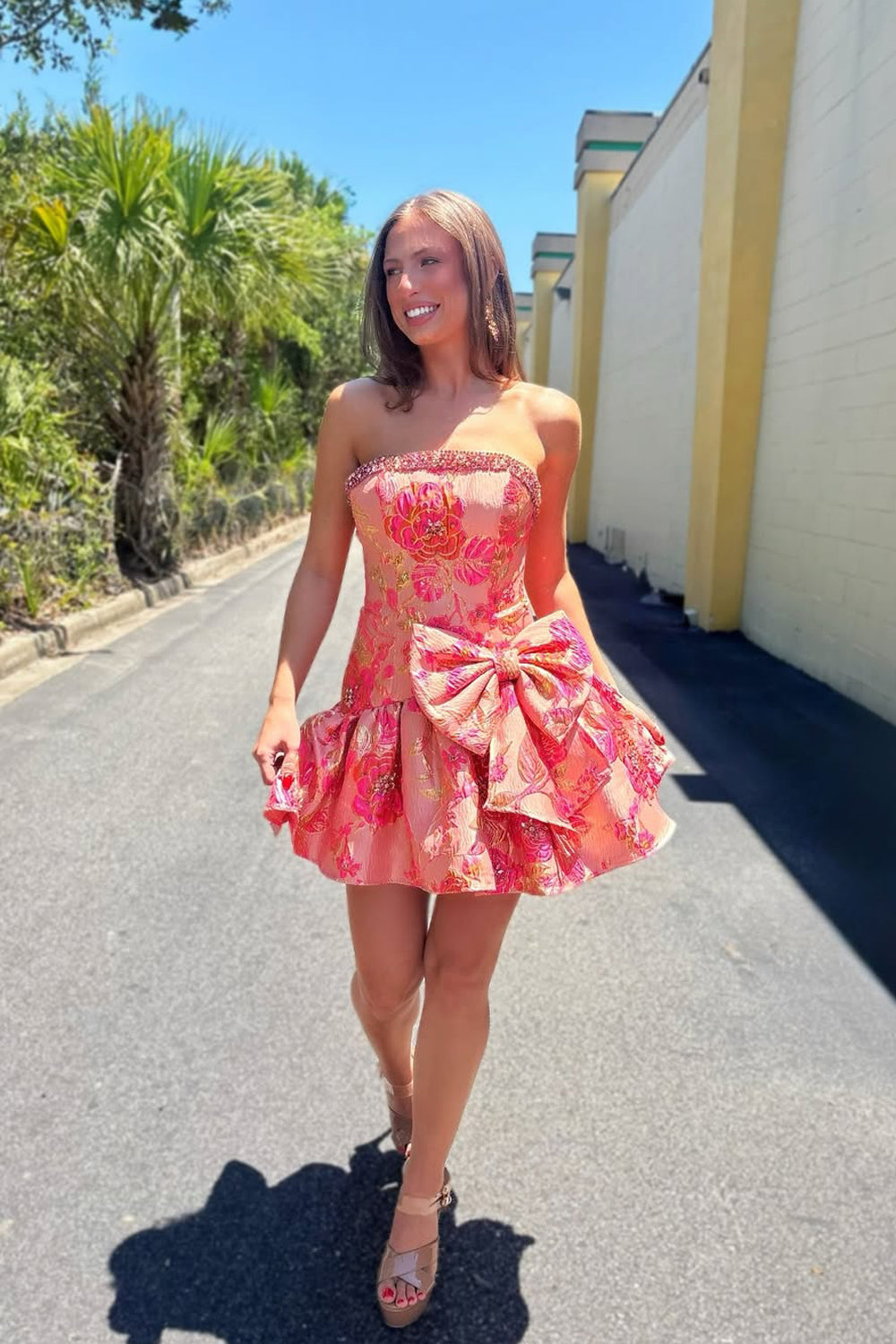 Strapless Floral Jacquard Mini Dress with Bow