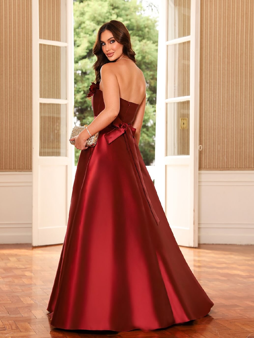 Strapless Satin A-Line Gown with 3D Flowers