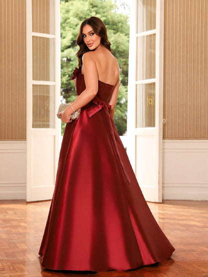 Strapless Satin A-Line Gown with 3D Flowers