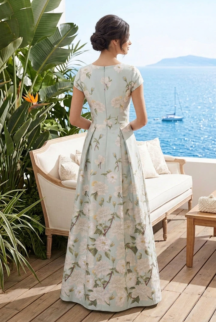 Floral Jacquard A-Line Gown with Cap Sleeves