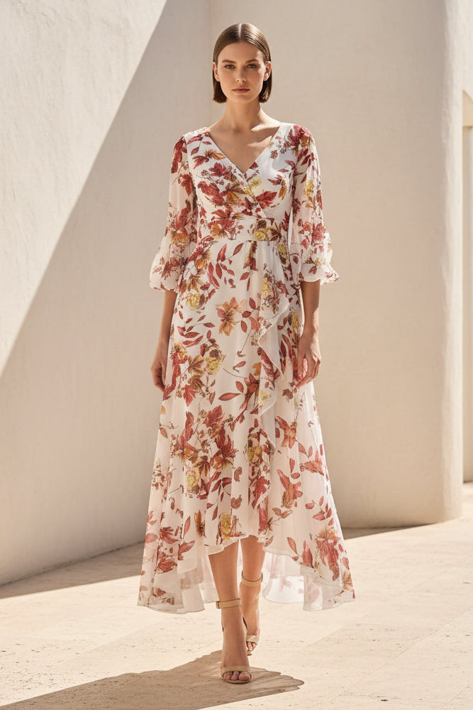 Floral Chiffon Wrap Midi Dress with Fascinator Hat
