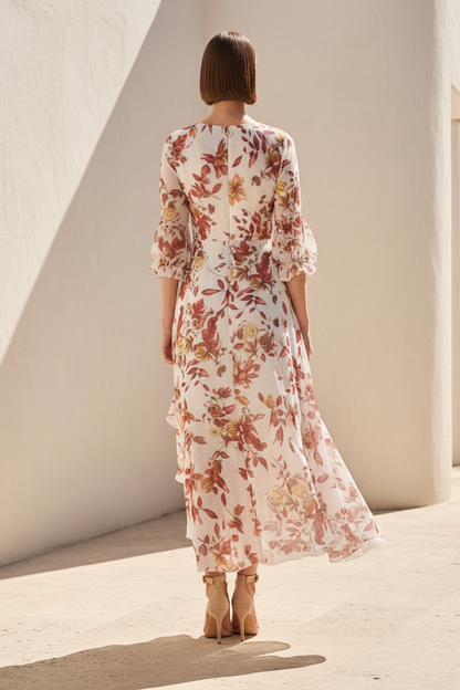 Floral Chiffon Wrap Midi Dress with Fascinator Hat